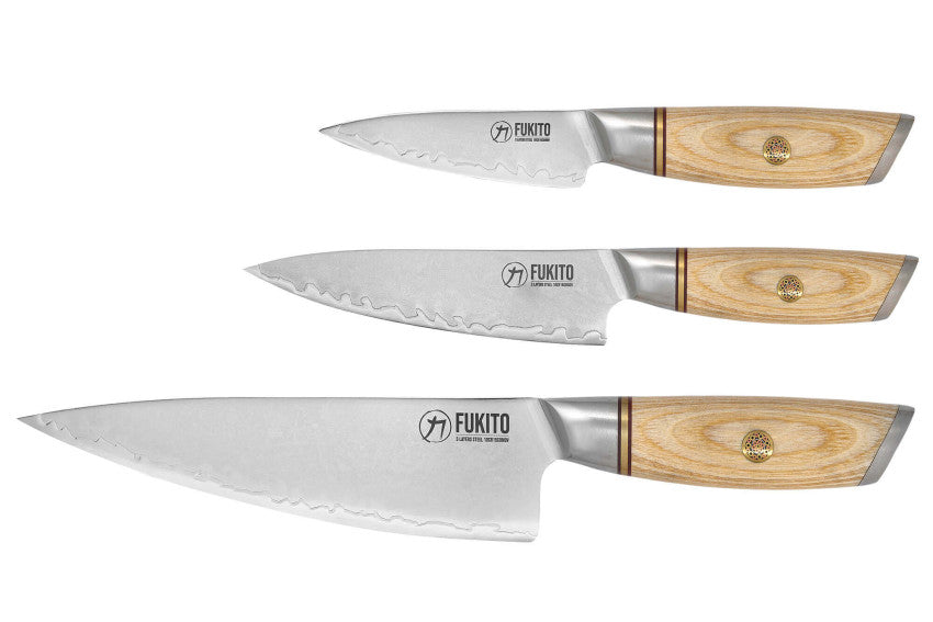 Coffret Fukito Pakka San Mai – 3 couteaux : chef 21 cm + universel 13 cm + office 9 cm