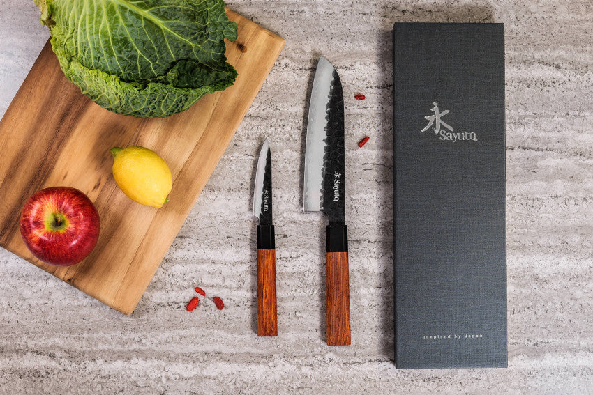 Coffret Sayuto Séquoia San Mai – 2 couteaux : santoku 17 cm + office 9 cm