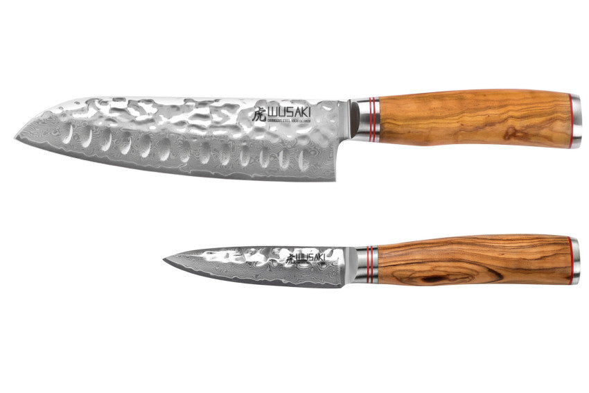 Coffret Wusaki Damas Olive 10CR – 2 couteaux : santoku alvéolé 17 cm + office 9 cm
