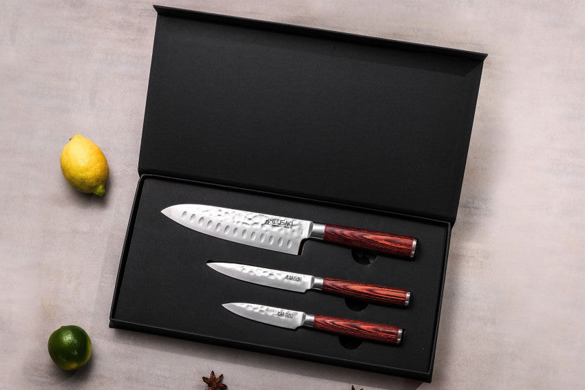 Coffret Wusaki Pakka X50 – 3 couteaux : santoku 17 cm + universel 12 cm + office 9 cm