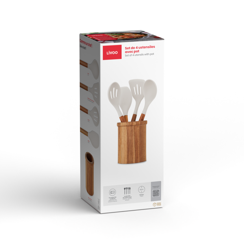 Set de 4 ustensiles avec pot Livoo – gris et bois