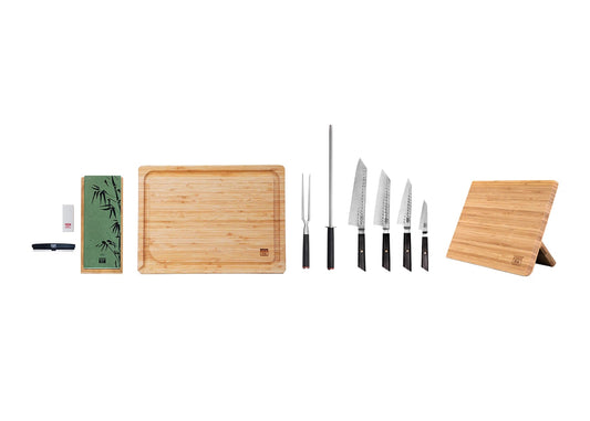 Set complet Deluxe 9 pièces KOTAI Bunka – 4 couteaux (couteau d'office + Petty + Santoku + Kiritsuke) et 5 accessoires (
