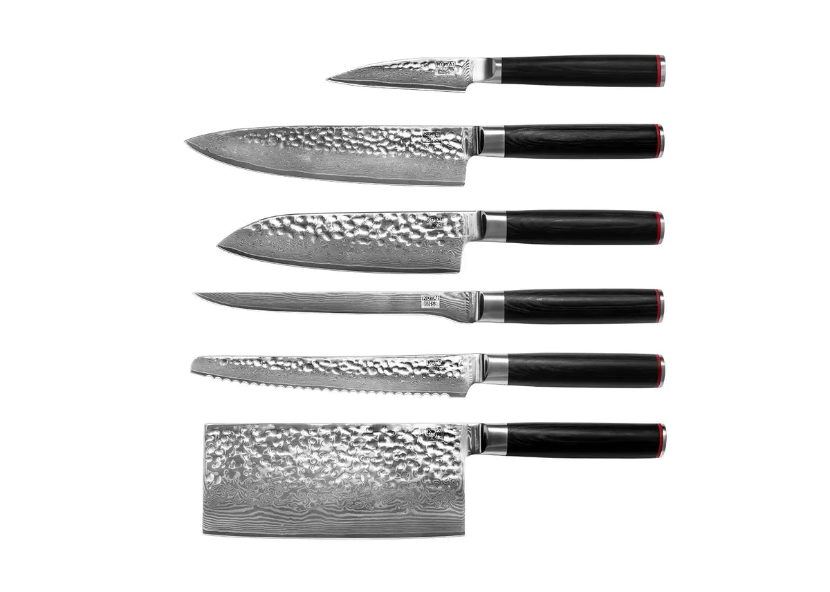 Set complet KOTAI Pakka Damas – 6 couteaux (couteau d'office + Santoku + Gyuto + filet de sole + couteau à pain + hachoi