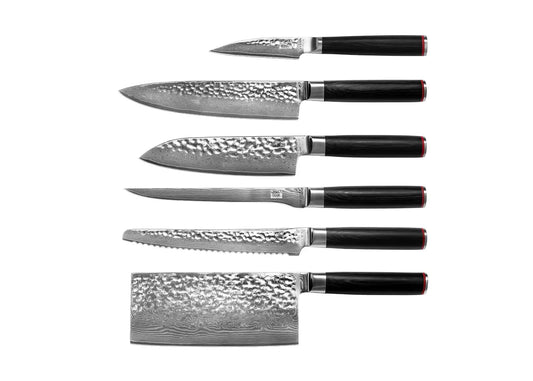 Set complet KOTAI Pakka Damas – 6 couteaux (couteau d'office + Santoku + Gyuto + filet de sole + couteau à pain + hachoi