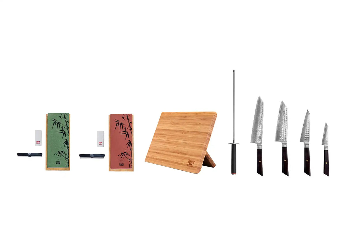 Set complet Deluxe 8 pièces KOTAI Bunka Damas – 4 couteaux (couteau d'office + Petty + Santoku + Kiritsuke) et 4 accesso