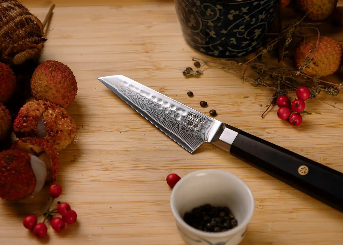 Set complet Deluxe 8 pièces KOTAI Bunka Damas – 4 couteaux (couteau d'office + Petty + Santoku + Kiritsuke) et 4 accesso
