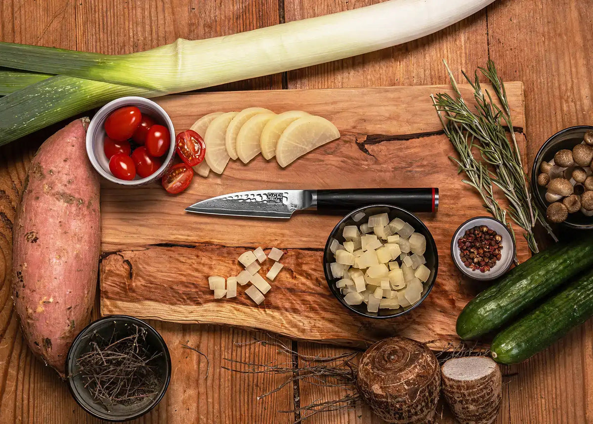 Set de base KOTAI Pakka Damas – 2 couteaux (couteau d'office + Santoku)