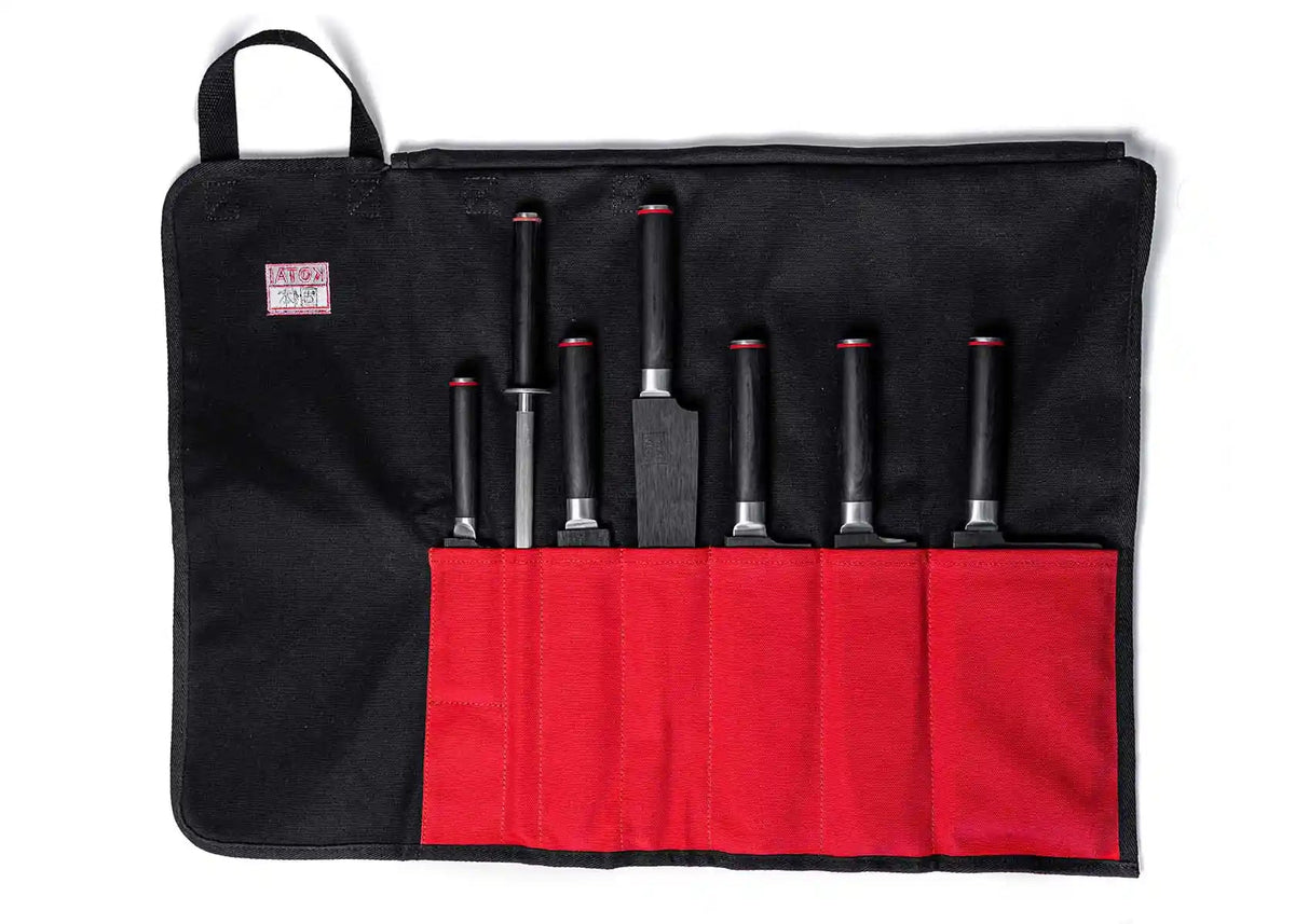 Trousse à couteaux nomade KOTAI 100 % coton avec poignées – 6 couteaux + 1 fusil
