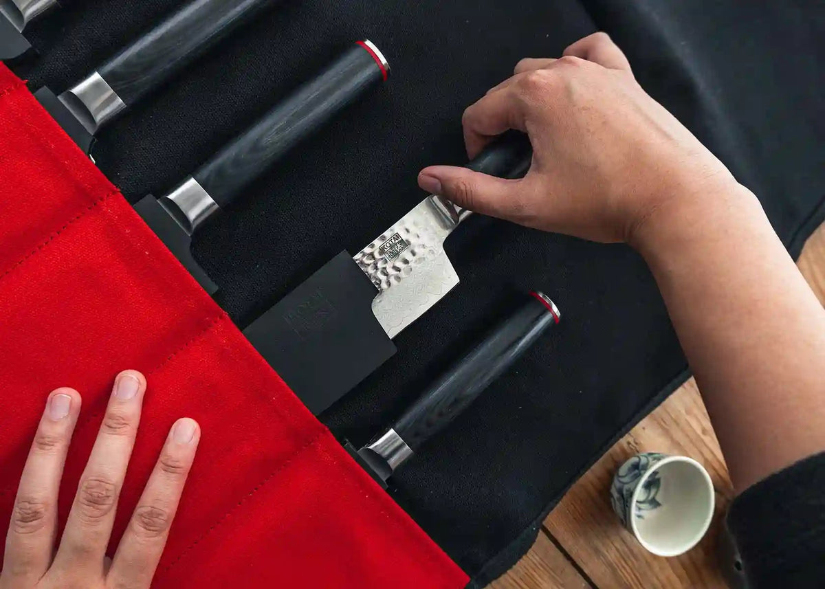 Trousse à couteaux nomade KOTAI 100 % coton avec poignées – 6 couteaux + 1 fusil