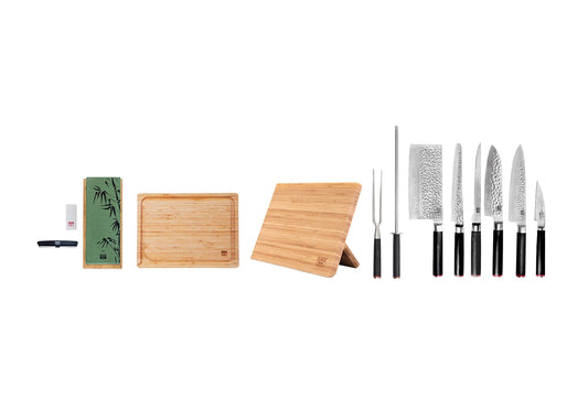 Set complet Deluxe 11 pièces KOTAI Pakka – 6 couteaux (couteau d'office + Santoku + Gyuto + filet de sole + couteau à pa
