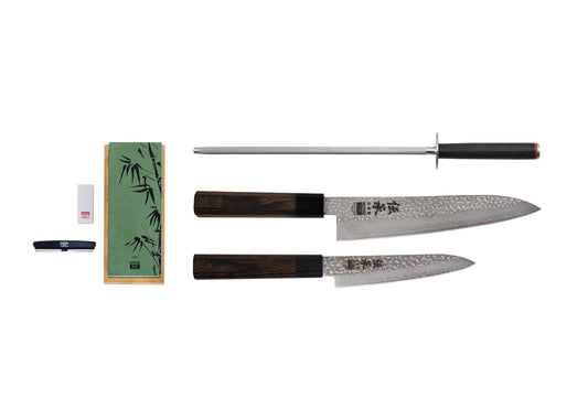 Set de base Deluxe 4 pièces KOTAI Densho – 2 couteaux (Petty + Gyuto 21 cm) et 2 accessoires (set d'aiguisage grain 180/