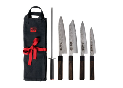 Set complet Nomade 6 pièces KOTAI Densho – 4 couteaux (Petty + Gyuto 18 cm + Kiritsuke + Gyuto 21 cm) et 2 accessoires (