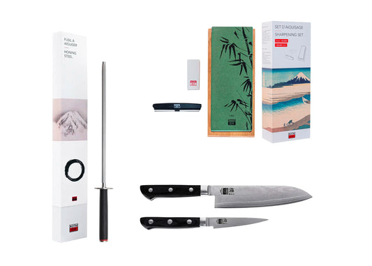 Set de base Deluxe 4 pièces KOTAI Hashi Damas – 2 couteaux + 2 accessoires