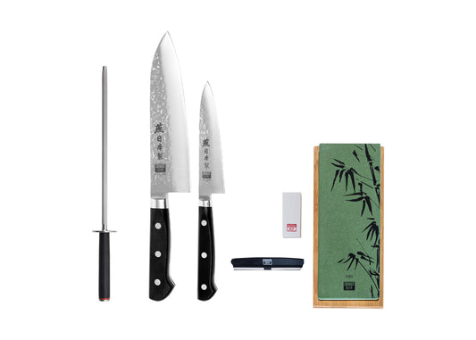 Set de base Deluxe 4 pièces KOTAI Tsubame – 2 couteaux (couteau d'office + Santoku) et 2 accessoires (set d'aiguisage gr