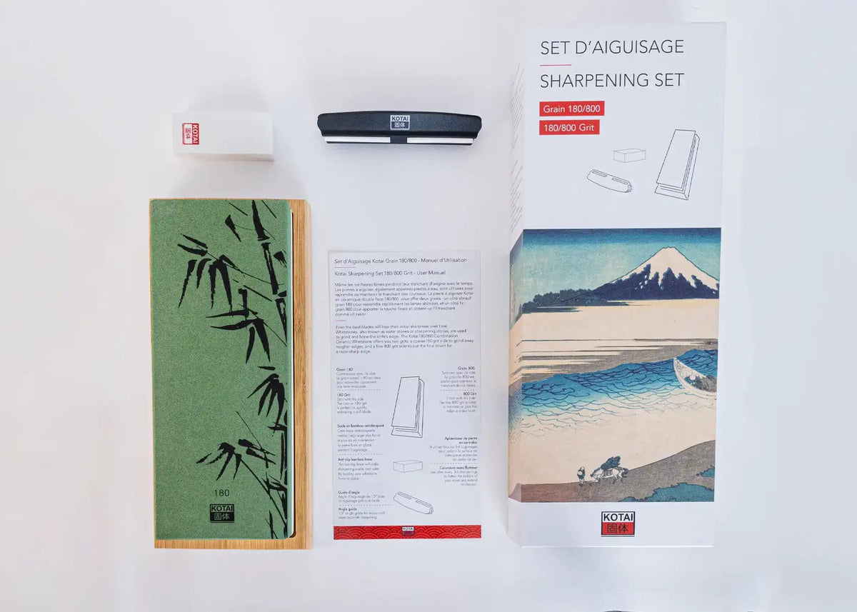 Set complet Deluxe 11 pièces KOTAI Pakka – 6 couteaux (couteau d'office + Santoku + Gyuto + filet de sole + couteau à pa