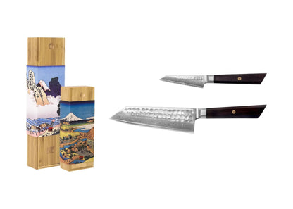 Set de base KOTAI Bunka Damas – 2 couteaux (couteau d'office + Santoku)