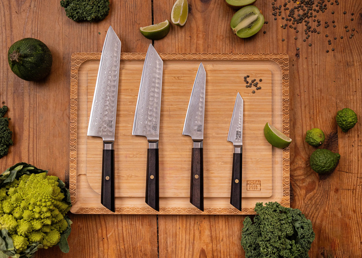 Set complet KOTAI Bunka Damas – 4 couteaux (couteau d'office + Petty + Santoku + Kiritsuke)