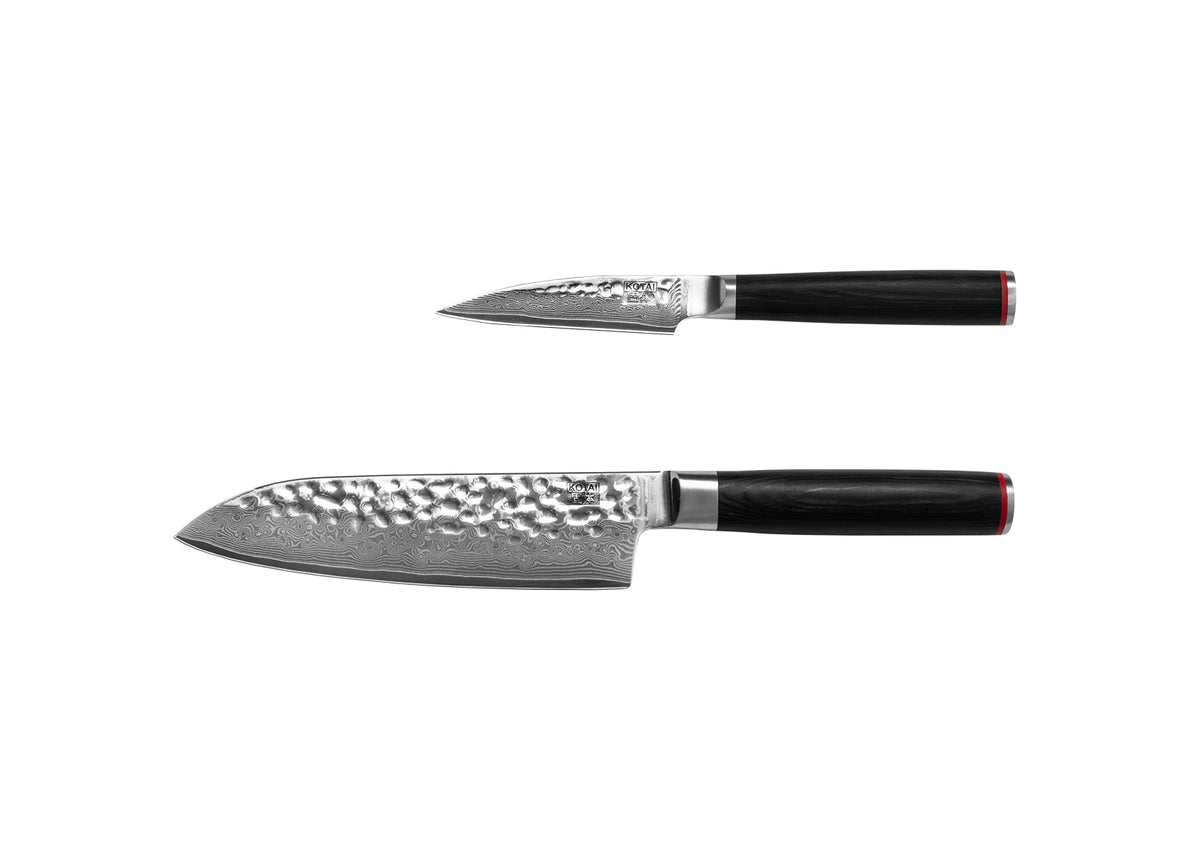 Set de base KOTAI Pakka Damas – 2 couteaux (couteau d'office + Santoku)