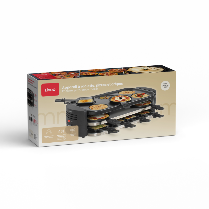 Appareil à raclette, pizzas et crêpes 8 personnes Livoo