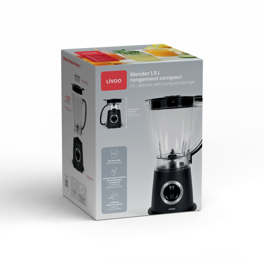 Blender 1,5 L rangement compact Livoo – noir