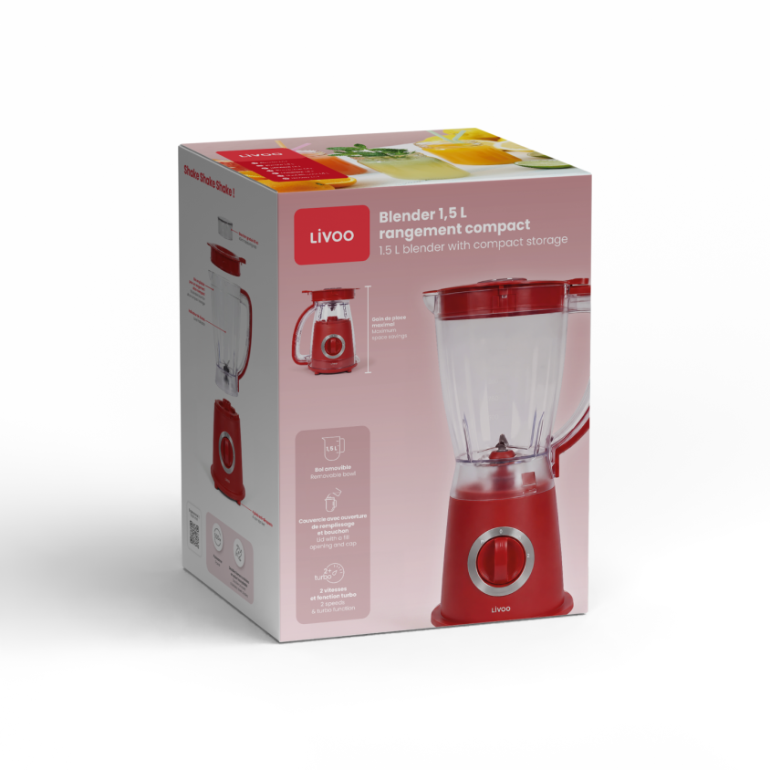 Blender 1,5 L rangement compact Livoo – rouge