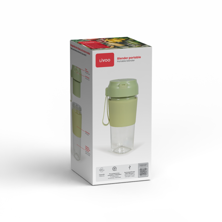 Blender portable Livoo – matcha et transparent, 1500mAh, 300 ml (réf. DOP248M)