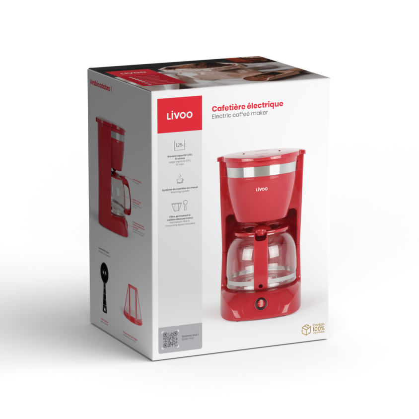 Cafetière électrique Livoo – rouge chili, 800 W, 1,25 L