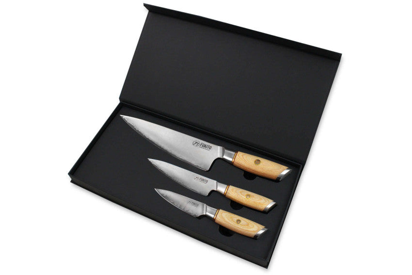 Coffret Fukito Pakka San Mai – 3 couteaux : chef 21 cm + universel 13 cm + office 9 cm