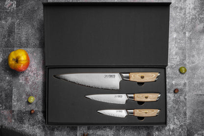 Coffret Fukito Pakka San Mai – 3 couteaux : chef 21 cm + universel 13 cm + office 9 cm