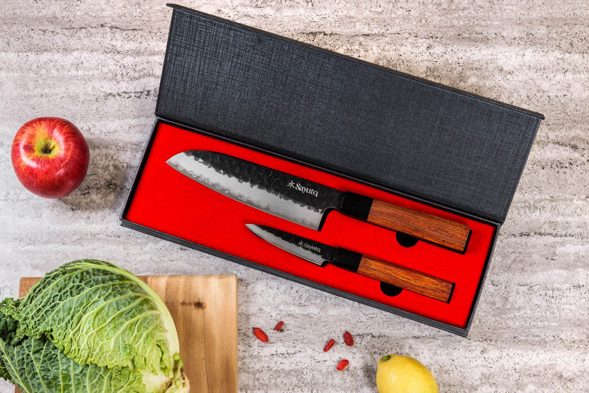 Coffret Sayuto Séquoia San Mai – 2 couteaux : santoku 17 cm + office 9 cm