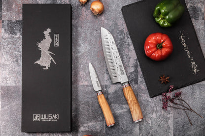 Coffret Wusaki Damas Olive 10CR – 2 couteaux : santoku alvéolé 17 cm + office 9 cm