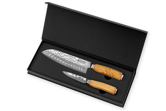 Coffret Wusaki Damas Olive 10CR – 2 couteaux : santoku alvéolé 17 cm + office 9 cm