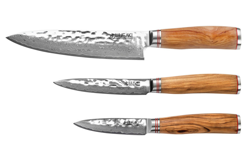 Coffret Wusaki Damas Olive 10CR – 3 couteaux : chef 20 cm + universel 12 cm + office 9 cm