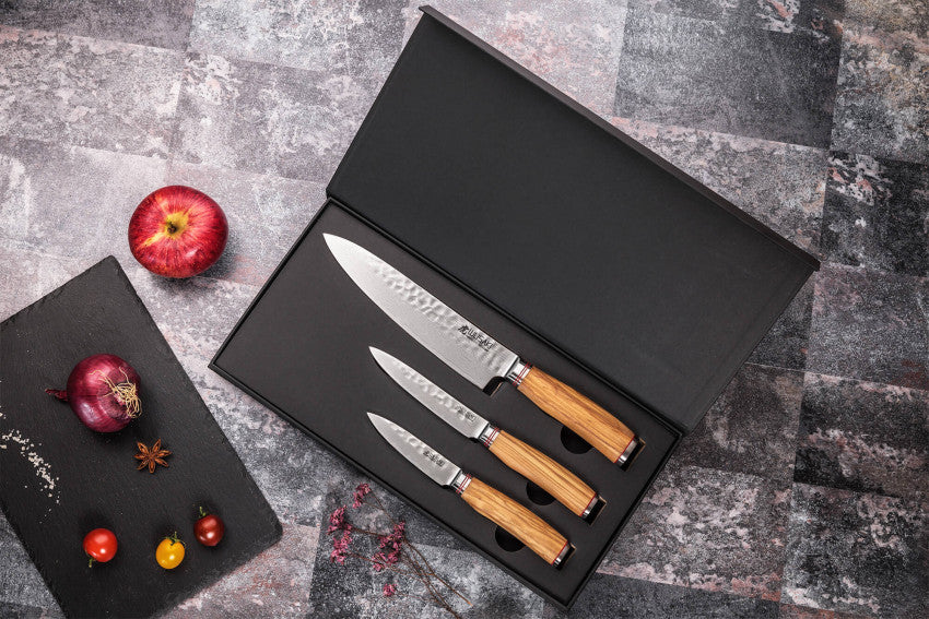 Coffret Wusaki Damas Olive 10CR – 3 couteaux : chef 20 cm + universel 12 cm + office 9 cm