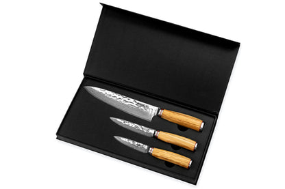 Coffret Wusaki Damas Olive 10CR – 3 couteaux : chef 20 cm + universel 12 cm + office 9 cm