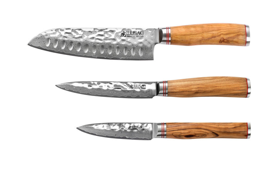 Coffret Wusaki Damas Olive 10CR – 3 couteaux : santoku alvéolé 17 cm + universel 12 cm + office 9 cm