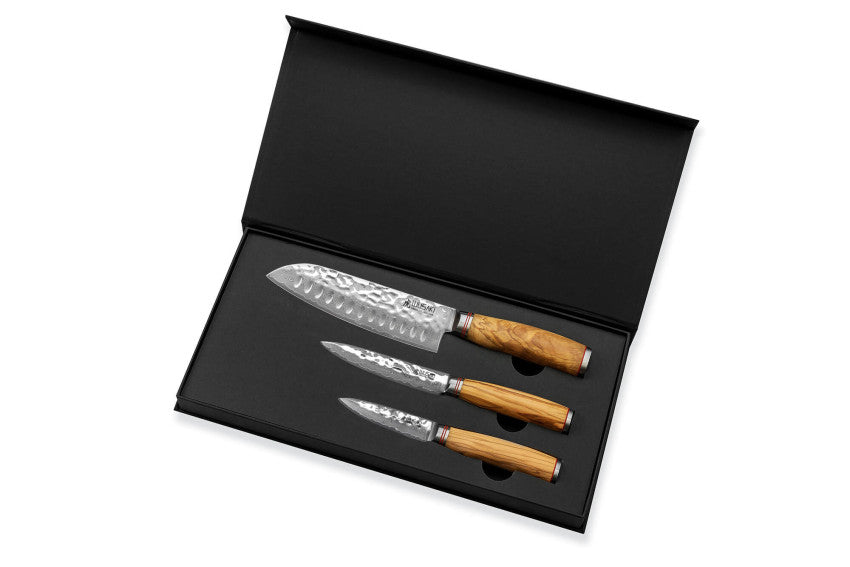 Coffret Wusaki Damas Olive 10CR – 3 couteaux : santoku alvéolé 17 cm + universel 12 cm + office 9 cm