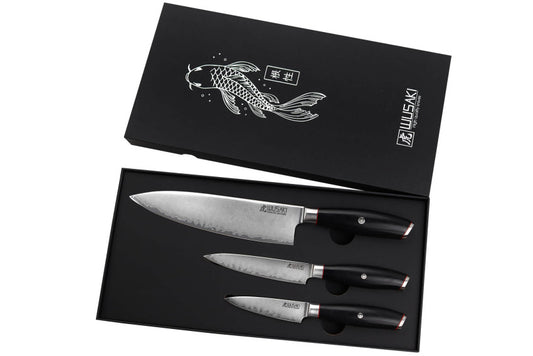 Coffret Wusaki Fujiko Black 10CR – 3 couteaux : chef 20 cm + universel 12 cm + office 9 cm