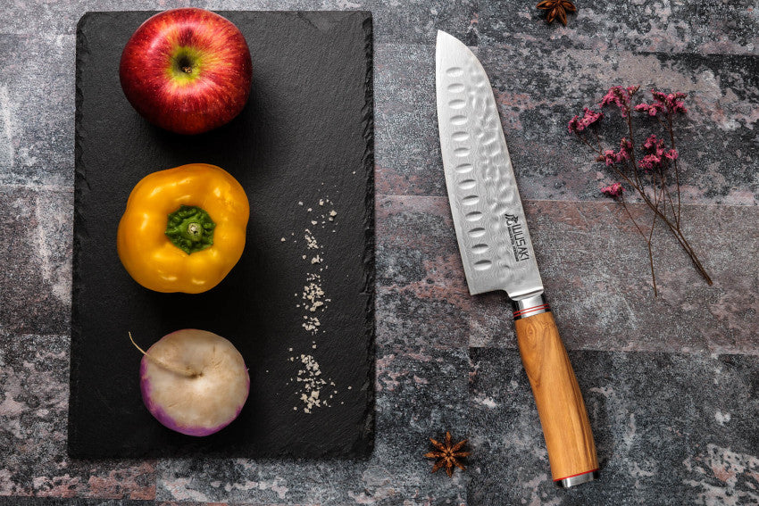 Couteau Santoku alvéolé 18 cm Wusaki Damas Olive 10CR