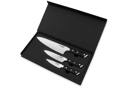 Coffret 3 couteaux de cuisine japonais (chef 21 cm, office 9 cm, universel 15 cm) manche Ébène