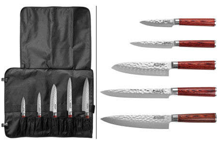 Mallette 5 couteaux de cuisine japonais professionnels (chef 20cm, santoku 17cm, découper 20cm, universel 12cm, office 9cm)
