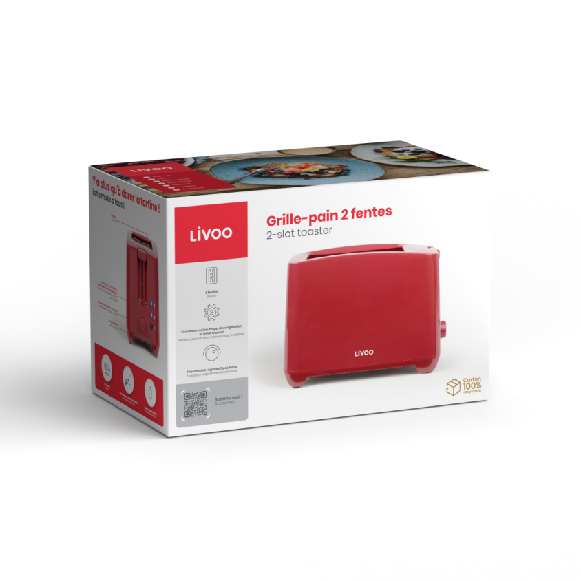 Grille-pain 2 fentes Livoo – rouge chili