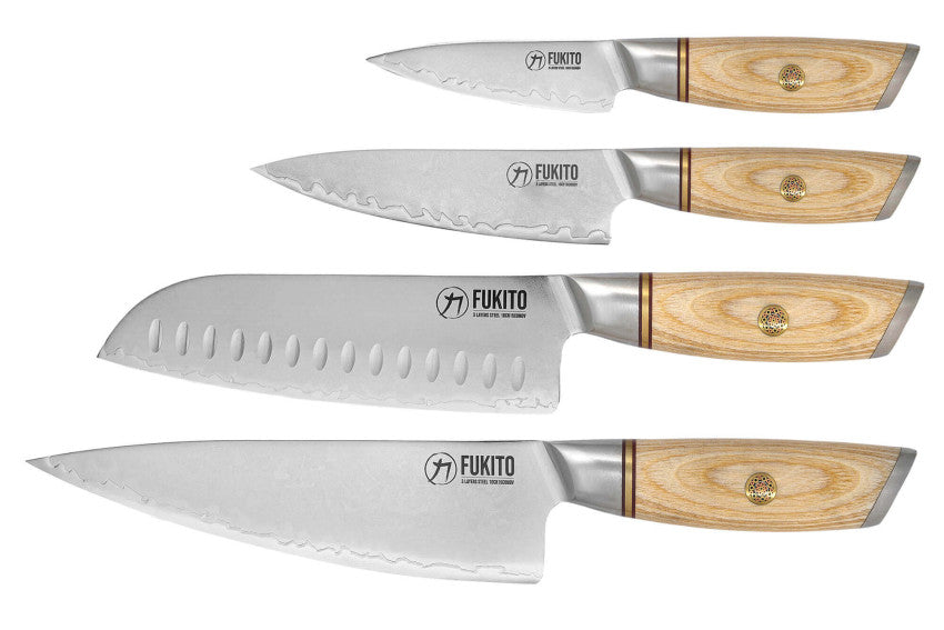 Mallette Fukito Pakka San Mai – 4 couteaux : office 9 cm + universel 13 cm + santoku alvéolé 18 cm + chef 21 cm