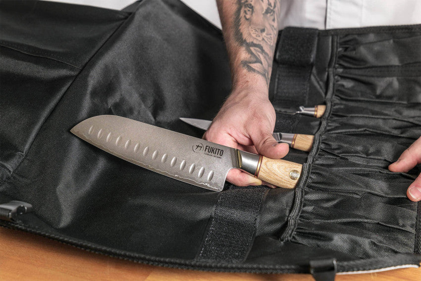Mallette Fukito Pakka San Mai – 4 couteaux : office 9 cm + universel 13 cm + santoku alvéolé 18 cm + chef 21 cm