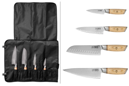 Mallette Fukito Pakka San Mai – 4 couteaux : office 9 cm + universel 13 cm + santoku alvéolé 18 cm + chef 21 cm
