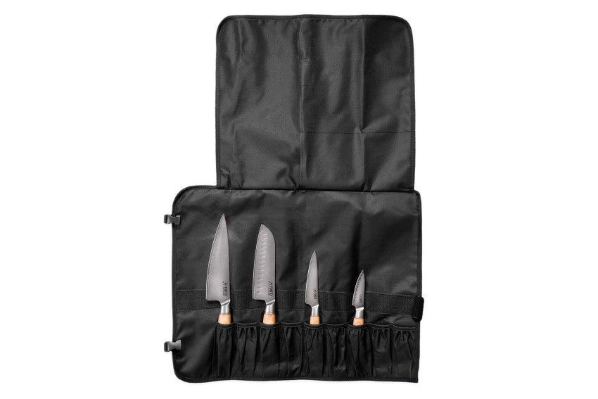 Mallette Fukito Pakka San Mai – 4 couteaux : office 9 cm + universel 13 cm + santoku alvéolé 18 cm + chef 21 cm