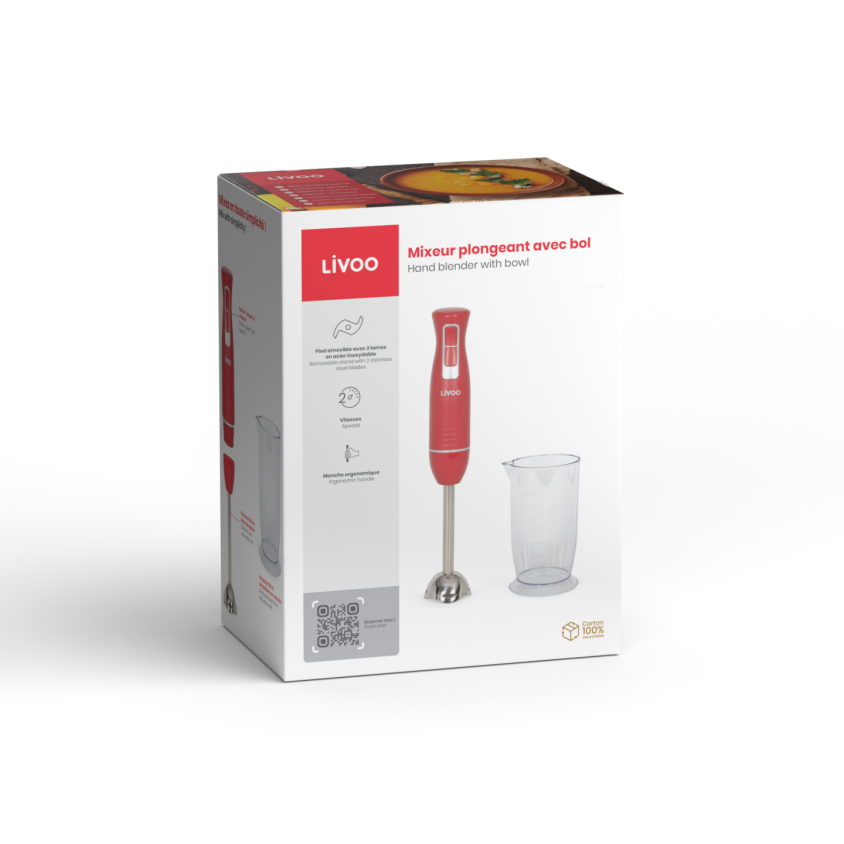 Mixeur plongeant avec bol Livoo – rouge chili et argent