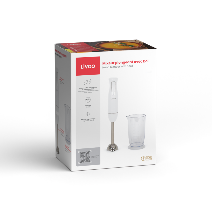 Mixeur plongeant avec bol Livoo – blanc et argent