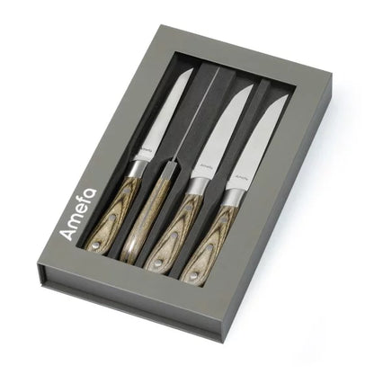 Coffret 4 couteaux steak Achille Bois de Pakka - Manche bois noble acier coutellerie - Amefa