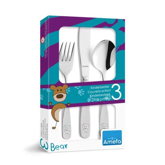 Coffret 3 couverts enfants Bear - Inox 18/10 décor ourson sécurité bébé - Cadeau naissance Amefa